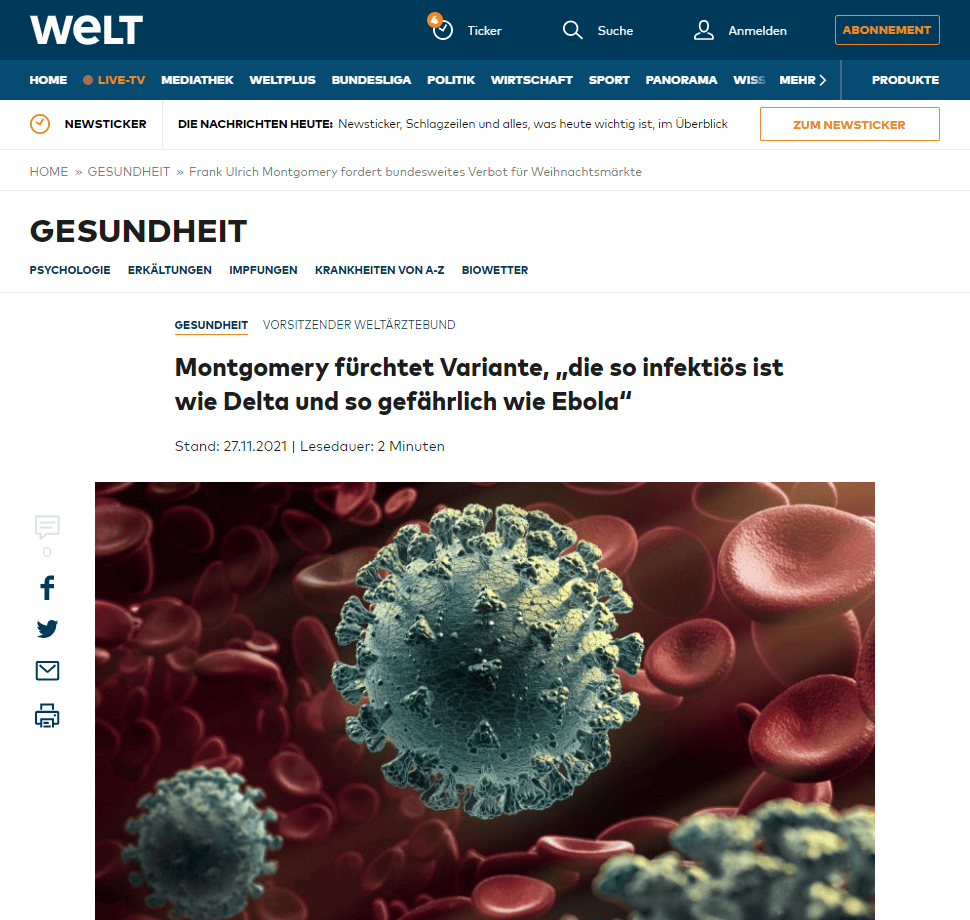 Er rechnet mit einer Verdopplung der Corona-Inzidenz innerhalb der nächsten zehn Tage. „In der Nikolauswoche könnten wir Inzidenzen zwischen 700 und 800 haben“, sagte er weiter. Alle Maßnahmen zur Bekämpfung der Corona-Pandemie, die jetzt noch ergriffen würden – selbst Kontaktbeschränkungen oder Lockdowns – würden erst mit einer Verzögerung von zwei Wochen zu wirken beginnen.
Die bundesweite Sieben-Tage-Inzidenz gibt die Zahl der Neuinfektionen pro 100.000 Einwohner innerhalb einer Woche an, seit fast drei Wochen verzeichnet sie täglich neue Höchststände. Nach Angaben des Robert Koch-Instituts (RKI) vom Samstagmorgen erhöhte sich der Wert auf nunmehr 444,3.
Jahrelange Impfungen notwendig
Die neue südafrikanische Variante B.1.1.529 sei ein gutes Beispiel dafür, dass man dem Virus keine Chance zur Mutation geben dürfe. Um weitere Varianten zu verhindern, werde es nötig sein, die Welt noch jahrelang zu impfen, sagte Montgomery.
Eine Ebola-Infektion führt meist zu hohem Fieber und inneren Blutungen und endet sehr oft tödlich.
„Wir können nichts mehr daran ändern, dass am Tag der Kanzlerwahl von Olaf Scholz die Zahlen dramatisch hoch sein werden“, sagte Montgomery. Der Weltärztebund-Vorsitzende forderte eine strikte Reduzierung der Kontakte und bundesweit das Schließen der Weihnachtsmärkte, um die Infektionskurve wieder zu senken.
Ohne Medikamente sterben rund 50 Prozent der Kranken, wobei der Anteil je nach Virusart auch deutlich darunter oder darüber liegen kann. Der bislang folgenschwerste Ebola-Ausbruch war 2014/2015 in Westafrika, damals kamen mehr als 11 000 Menschen ums Leben.
„Wir sollten die Weihnachtsmärkte schließen“
Zudem forderte er, die Infektionskurve wieder zu senken. „Wir sollten deswegen die Weihnachtsmärkte bundesweit schließen. Es bringt nichts, die Weihnachtsmärkte in der einen Region zu verbieten, wenn die Leute dann in eine andere fahren, wo sie noch geöffnet sind“, sagt er dem Vorabbericht zufolge.
Länder und Kommunen sollten zudem zu Silvester größere Feiern, Feuerwerk und private Böllerei flächendeckend verbieten. „Das verhindert nicht nur Ansteckungen, sondern entlastet auch die Notfallambulanzen.“ Wenn man die Inzidenzen nicht in den Griff bekomme, müssten die Länder auch wieder flächendeckend Betriebe schließen oder Ausgangssperren verhängen können.