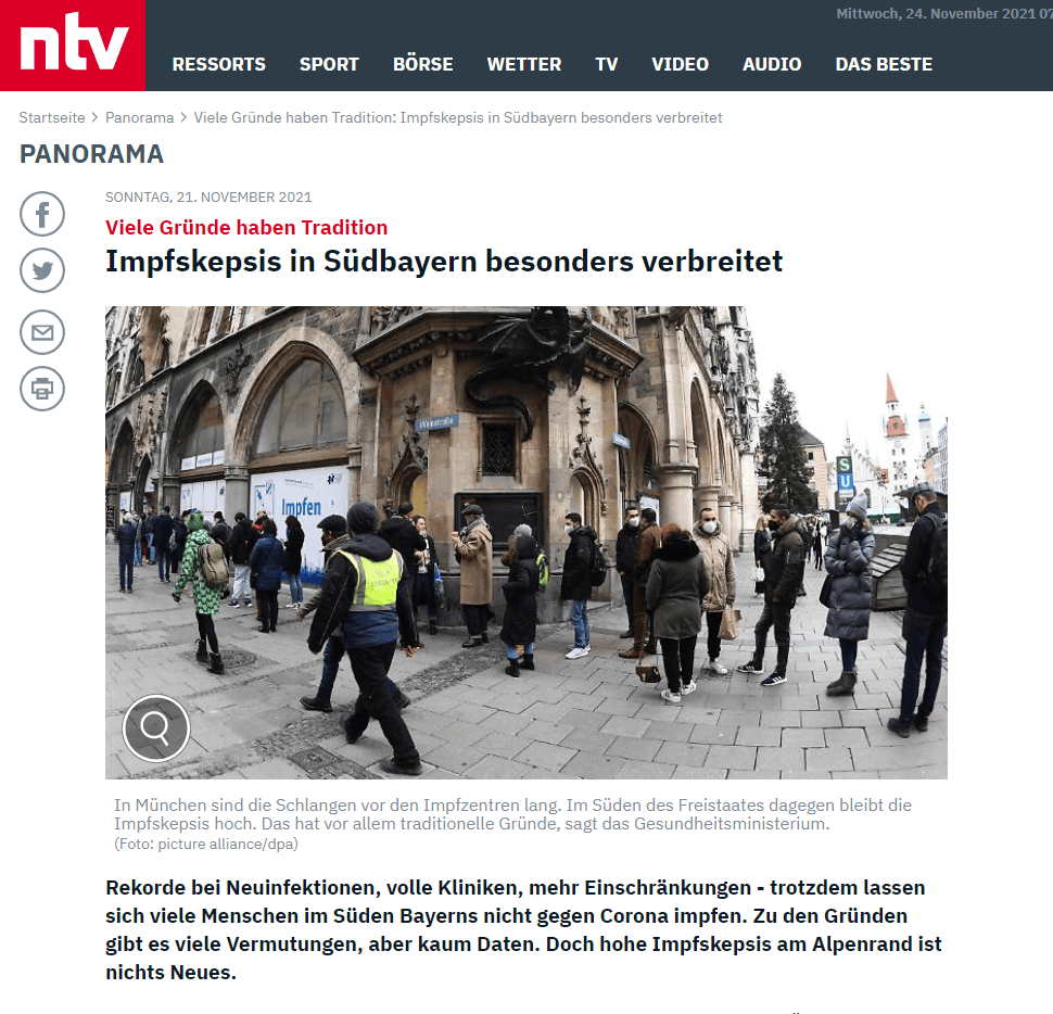 Verschwörungsmythen: Bayerns Ministerpräsident Markus Söder nannte jüngst im Interview mit "Bild Live" unter anderem "höhere Querdenker- und Reichsbürgerzahlen" als Ursache. Diese These stützt der Religionswissenschaftler Michael Blume: "Im Alpenraum hat sich eine einzigartige Tradition der kleinteiligen, sprachlichen Autonomie entwickelt", sagt der Antisemitismusbeauftragte des Landes Baden-Württemberg. "Dies bedeutet positiv ein besonders starkes Engagement für Demokratie und Föderalismus. Leider kippt es jedoch auch immer wieder in Verschwörungsmythen und Antisemitismus."
Alternative Medizin: Impfverweigerer automatisch politisch rechts zu verorten, wäre zu kurz gegriffen. "Unter den Impfgegnern gehören 31 Prozent dem liberal-intellektuellen Milieu an", heißt es in einer Analyse sozialer Netzwerke durch die Unternehmensberatung Komm.Passion. Neben einem "Störsender-Cluster mit russischen Einflüssen" und AfD-nahen Nutzern gebe es bei Impfgegnern auch ein "sozial-ökologisch-esoterisches Cluster". Eine Erklärung für die niedrigen Impfquoten am Alpenrand ist daher die Nähe zu alternativer Medizin. "Das skeptische Milieu ist nicht selten gut situiert, gut gebildet und offen gegenüber alternativmedizinischen Behandlungsmethoden", sagte eine Sprecherin des bayerischen Gesundheitsministeriums.
Skeptische Ärzte: Eine Studie aus dem Jahr 2012 deutet darauf hin, dass es nicht nur bei Patienten im Süden Bayerns eine größere Impfskepsis gibt - sondern auch bei Hausärzten. Bei einer Umfrage unter Praxis- und Kinderärzten fand der Hauptautor der Studie, Martin Weigel, einen Zusammenhang zwischen niedrigen Impfquoten und der Einstellung der Mediziner gegenüber Impfungen. Am negativsten waren diese Meinungen in Südbayern, auch die Impfquote gegen Masern und Meningokokken war dort auffallend niedrig. "Die Frage ist: Suchen sich die Impfunwilligen einen eher impfkritischen Arzt oder andersherum?", sagt Weigel. Eine Antwort könne er nicht liefern.
Kritik am Staat: Für manche ist die Verweigerung der Impfung ein Zeichen des Misstrauens gegenüber dem Staat. "Die Menschen im Alpenraum waren und sind besonders kritisch gegenüber staatlichen Obrigkeiten", sagt Religionswissenschaftler Blume. Verstärkt werde dies dadurch, dass Parteien wie die AfD die Impfung als Protestthema für sich entdeckt hätten, sagt der Seniorprofessor für Soziologie an der Universität Leipzig, Andreas Diekmann. "Was da Ursache und Wirkung ist, ist natürlich die Frage. Es ist generell ein Mangel, dass es in Deutschland nicht genügend harte Daten dazu gibt."
Geschichte: Fest steht, dass Skepsis gegenüber Impfungen im Alpenraum eine gewisse Tradition hat. Schon bei der Immunisierung gegen die Pocken im 19. Jahrhundert habe es in Bayern gerade in ländlichen Regionen "eine ziemlich massive Impfgegnerschaft" gegeben, sagt die Heidelberger Medizinhistorikerin Bärbel-Jutta Hess. Die Gründe dafür waren demnach ähnlich diffus wie heute: Manche interpretierten die Narbe der Pockenimpfung als "Teufelszeichen" und sahen Krankheiten als "gottgegebenes Schicksal". Andere Menschen hatten aus gutem Grund Angst: Weil die Impfspritzen anfangs nicht ausreichend gereinigt wurden, gaben sie zeitweise unerkannt Syphilis an Kinder weiter. Damals griff die bayerische Regierung laut Hess zu drastischen Maßnahmen: "In einem Fall wurden sogar die Eltern in Gewahrsam genommen, damit das Kind währenddessen geimpft werden konnte."
Gut 200 Jahre später scheint ein solcher Impfzwang ein ganzes Stück weit entfernt. Stattdessen setzt die Politik auf immer mehr Einschränkungen für Ungeimpfte - und Überzeugungsarbeit. Landräte im Süden Bayerns riefen angesichts der dramatischen Corona-Lage erneut zu Impfungen auf. "Wir alle wollen einen Lockdown vermeiden, wollen offene Schulen", sagte die Oberallgäuer Landrätin Indra Baier-Müller. "Das schaffen wir nur, wenn sich möglichst viele impfen und boostern lassen und wir Kontakte in den nächsten Wochen wo möglich vermeiden." Die Impfquote lag dort zuletzt bei etwa 60 Prozent, etwa 6 Prozentpunkte unter dem im bundesweiten Vergleich ohnehin schon niedrigen Schnitt Bayerns. Im niederbayerischen Landkreis Rottal-Inn solle das Impfzentrum von Montag an wieder "auf Volllast" fünf Tage die Woche laufen, kündigte Landrat Michael Fahmüller an. Anfang November war dort eine Impfquote von gerade einmal 53,1 Prozent gemeldet worden.
Ein Lichtblick: Mehrere Landkreise in Südbayern meldeten zuletzt, dass die Nachfrage nach Impfungen wieder steige. Im oberbayerischen Landkreis Berchtesgadener Land mit einer Impfquote von zuletzt rund 56 Prozent sei die Nachfrage "im Wochenvergleich sehr stark erhöht", sagte eine Sprecherin. Allerdings habe es sich überwiegend um Booster-Impfungen gehandelt.