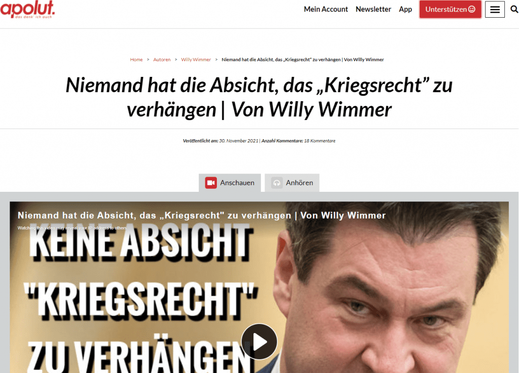 In der „Süddeutschen Zeitung“ vom 29. November 2021 wird über Proteste in Sachsen, rund um das Erzgebirge berichtet. Komisch ist dabei nur, dass die protestierenden Bürgerinnen und Bürger in einer Weise deutlich machen, wes Geistes Kind sie eigentlich sind, die sich dem geneigten Leser komplett verschießt. Es ist schon auffallend, wie eindeutig die Katalogisierung von protestierenden Menschen vollzogen wird. Man steht in den Medien dem in nichts nach, was seitens der Verfassungsschutzbehörden in generalisierender Weise seit Monaten unter das Volk posaunt wird. Vom bayerischen Ministerpräsidenten will man dabei nicht schweigen, der es bei „Anne Will“ schon einmal schaffte, die Bevölkerung des Voralpenlandes in die dumpf-backene Ecke von zumindest Reichsbürgern zu packen, weil diese eigene Vorstellungen bei dem lichtvollen Handeln von Herrn Dr. Söder in Sachen Pandemie haben.
Den Vogel hat allerdings im Hause Spiegel-Online eine Wissenschaftlerin am 28. November 2021 abgeschossen. Danach liegt zumindest der Verdacht nahe, dass der Großteil der Bürgerinnen und Bürger, die es wagen, von ihrem verbrieften Recht auf öffentliche Meinungsbekundung Gebrauch zu machen, nicht die Pandemie und ihre Folgen sondern den Umsturz und die Beseitigung der staatlichen Ordnung im Sinn haben würden. Beispiele dieser Art finden sich zuhauf und die Staatsspitze wird nicht müde, zu spalten, wo man nur spalten kann, um dieses öffentliche Bild zu verstärken. Auch im Nachbarland Österreich tut man sich vor mit scharfmacherischen Attitüden. Da wir es bei der Pandemie mit einer Herausforderung einzigartiger Dimension zu tun haben, müsste das gesamte staatliche Handeln dem Rechnung tragen.
Weit gefehlt, wie die aufplatzenden Schwachstellen und Defizite erschreckend verdeutlichen. Niemand hätte etwas dagegen, wenn der Staat nicht dieses langandauernde Jammerbild abgeben würde. Stattdessen bekämpft man jetzt in der gewohnten Weise eine Pandemie dadurch, dass man den Umsturz an die Wand malt. Thüringen ist bekanntlich das Musterbeispiel dafür, leitenden Beamten Rollen in der öffentlichen Meinungsdebatte übernehmen zu lassen, die ihnen im deutschen Staatsverständnis nicht zustehen. Da müssen schon die Politiker selbst ran und das nach Kräften.
Da man in Deutschland in Sachen Pandemie erkennbar vieles, das eigentlich zum Staatshandeln zählt, unterlässt und jetzt die Gefahren für die staatliche Ordnung hervorhebt, muss eine Frage gestellt werden. Geht es um den gesundheitlichen Schutz der Menschen in Deutschland oder um das, was man gewöhnlich als „hidden agenda“ bezeichnet? Dann wäre nach dem öffentlich erzeugten Meinungsbild die baldige Verhängung des „Kriegsrechts“ geradezu angesagt. Das wird in der ersten Personalentscheidung eines „Commanders in spe“ und künftigen Bundeskanzlers Olaf Scholz geradezu überdeutlich. Bei der Pandemie handelt es sich um ein Riesen-Problem für die Gesundheit und das Überleben von Bürgerinnen und Bürgern. Gerade die Pandemie hat gezeigt, dass es nicht um den Einsatz der Bundeswehr im Innern geht, unbeschadet der Qualifikation des auserkorenen Generals auf seinem Fachgebiet. Helmut Schmitd war selbst der „Commander“ und ihm wäre es nie in den Sinn gekommen, sich durch-wen-auch-immer doubeln zu lassen. Und jetzt das? Oder ist das nach Wintex/Cimex die Einstimmung darauf, dass das Militär in klassisch-zivile Bereiche einrückt. So wie der amerikanische General, im Hauptberuf Wirtschaftsanwalt, der im Fall der Fälle den Oberbürgermeister von Köln ersetzen und/oder steuern sollte? Warum sollte Deutschland in dem Zustand sein, dass der „Einsatz der Bundeswehr im Innern“ über eine Personalentscheidung geboten sein sollte?
Wenn man die leidvolle Erfahrung seit Jahreswechsel 2019/2020 in Sachen Corona Revue passieren lässt, hat das politische Berlin Deutschland nicht begriffen und ist entweder hilflos oder bösartig, was die eigene Reaktion anbetrifft. Jüngst wurden die Erkenntnisse einer angeblichen Studie breitgetreten, die aufhorchen lassen musste. Danach nehmen die zentrifugalen Kräfte in Deutschland zu. Das Land scheint demnach in drei Richtungen auseinander zu driften. Das aufgeklärte Bürgertum in Baden-Württemberg, die selbstbewussten Sachsen und andere und der ehemals preußisch dominierte Rest. Wir erleben Föderalismus pur.
Seit der Reichsgründung 1871 lebt Deutschland unter der Meinungsfuchtel von Berlin. Das bricht jetzt auf. Darauf sind Antworten zu finden, die eine historische Dimension in einer Pandemie haben. Die „kleindeutsche Lösung des Jahres 1866“ und die französische Zerstörung des „Heiligen Römischen Reiches deutscher Nation“ als der Friedensordnung in Mitteleuropa machen deutlich, wo die Defizite liegen. Berlin ist im politischen Sinne „testerongesteuert“ und das ist von Übel.