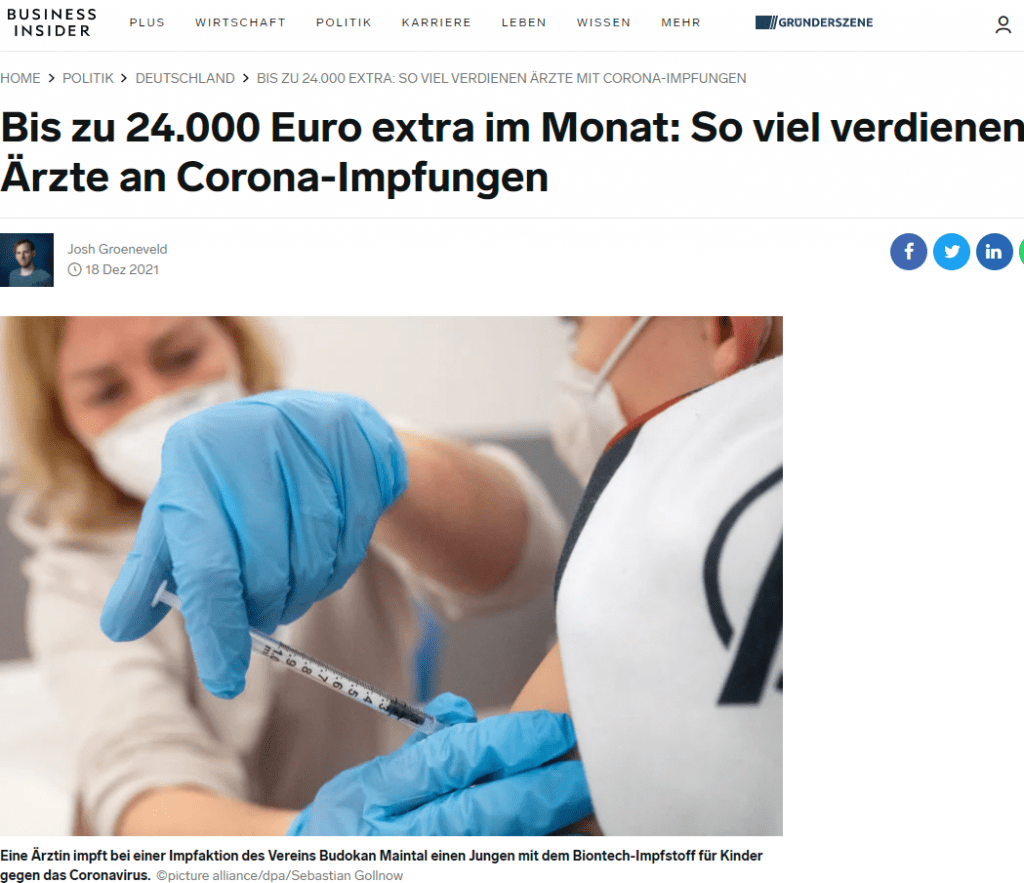 Vergütungen für Corona-Impfungen müssen versteuert werden
Je nach Praxis können die Einnahmen natürlich stark variieren. Eine kleine Praxis, die von einem einzelnen Arzt oder einer einzelnen Ärztin betrieben wird, mag deutlich weniger als 44 Impfstoffdosen pro Woche bestellen. Arztpraxen, die von mehreren Medizinern geführt werden, könnten wiederum ein Vielfaches dieser Summe bestellen und verimpfen.
Zudem handelt es sich bei den staatlichen Vergütungen für die Corona-Impfungen um Brutto-Beträge. Die Arztpraxen müssen diese also versteuern. Gleichzeitig stehen den Einnahmen Ausgaben für Personal- und Arbeitsaufwand sowie Dokumentation gegenüber – wobei den Praxen die Impfutensilien auf Kosten des Staates durch die Apotheken zur Verfügung gestellt werden.
Das bedeutet, dass von den für diese Kalenderwoche errechneten durchschnittlichen Einnahmen von um die 5000 Euro noch Abzüge gemacht werden müssen. Dennoch: Das Geschäft mit den Corona-Impfungen bleibt für die deutschen Arztpraxen hochattraktiv.
Und das im Übrigen vor allem in Impfzentren. Dortige Impf-Ärzte erhalten einen Stundenlohn von rund 150 Euro – bei einer Schicht von acht Stunden käme so ein Tagesbrutto von 1200 Euro zusammen. Bei 20 Arbeitstagen macht das ein Brutto-Monatsgehalt von 24.000 Euro. Zum Vergleich: Das durchschnittliche Brutto-Monatsgehalt in Deutschland liegt bei 3975 Euro.