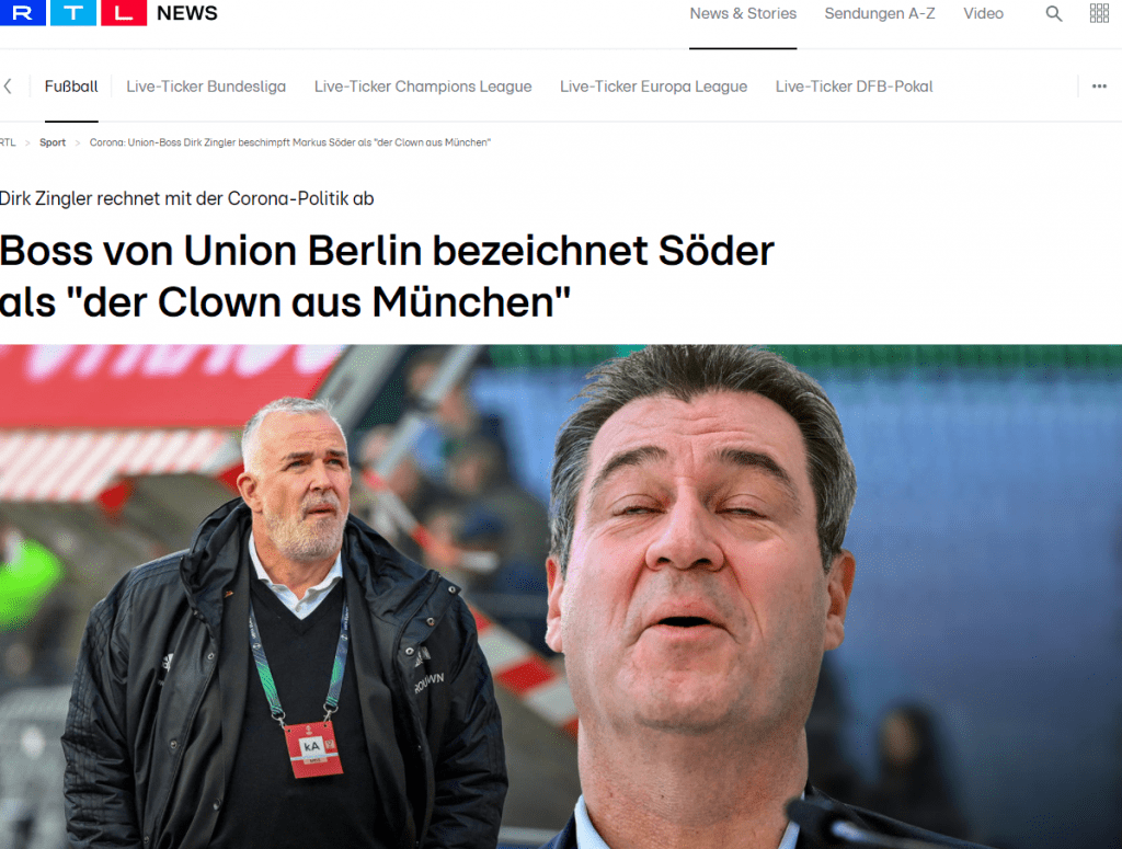 Zingler gegen die Politik
Rumms! Union Berlins Präsident Dirk Zingler hat sich auf der Mitgliederversammlung des Bundesligisten die Corona-Politik der Noch-Regierung zur Brust genommen. Die große Koalition habe Deutschland in einen Zustand des "Vollchaos" versetzt, ihn ärgern die sich immer wieder ändernden Verordnungen und ganz besonders hat es Zingler auf Markus Söder abgesehen.
Deutschland "im Vollchaos"
Dirk Zingler ist immer mit dem Herzen dabei, und nicht selten trägt der Union-Boss sein Herz auf der Zunge. "Aber ich wollte doch gar nichts über Corona sagen", entfuhr es ihm in einer kurzen Gesprächspause – doch da hatten die anwesenden Journalisten seine Schimpftiraden längst niedergeschrieben und gespeichert.
Bevor der Präsident des Bundesligisten auf der Mitgliederversammlung am Donnerstagabend die "sportlich erfolgreichste und wirtschaftlich wertvollste Phase der Vereinsgeschichte" verkündete, hatte er in einer Medienrunde einmal mehr die Corona-Politik scharf kritisiert. Vor allem die abgewählte Bundesregierung und Markus Söder bekamen ihr Fett weg.
"Die Abwälzung der Verantwortung auf die Menschen, Veranstalter und Unternehmen ist kaum noch zu ertragen", wetterte Zingler. "Unser Land ist in einem katastrophalen Zustand, weil es katastrophal geführt wird und katastrophal kommuniziert wurde." Das politische Handeln in der Krise sei teilweise "absurd", man befinde sich "im Vollchaos".
Kritik über die Einmischung bei Joshua Kimmich
Dies betreffe auch die Zuschauer-Thematik, so der 57-Jährige. Man erhalte "täglich andere Signale von der Politik". Ob Union am Freitagabend (20.30 Uhr) gegen RB Leipzig wie geplant vor 13.500 Zuschauern in der Alten Försterei auflaufen kann, war aufgrund der Bund-Länder-Beratungen am Donnerstag lange nicht sicher.
Zingler kritisierte zudem die Einmischung höchster politischer Kreise in den Fall des Impfskeptikers Joshua Kimmich. "Dass sich unsere Bundesregierung mit einer Einzelperson aus einer Branche befasst, die zu über 90 Prozent geimpft ist, ist ein Skandal", sagte er.
Die Empörung über volle Stadien in der vierten Welle empfindet Zingler ebenfalls als unangebracht. "Wir regen uns über volle Stadien auf, aber nicht über lange Schlangen an Impfzentren." Der Staat solle "bitte zuerst seine Hausaufgaben machen und erst dann bei den Menschen die Grundrechte einschränken". Hoffnung mache ihm die neue Ampel-Koalition, was auch daran läge, dass "der Clown aus München" nicht mehr dabei sei. Gemeint war offenbar Bayerns Ministerpräsident Söder (CSU), der kürzlich Geisterspiele für alle Bundesligisten gefordert hatte.