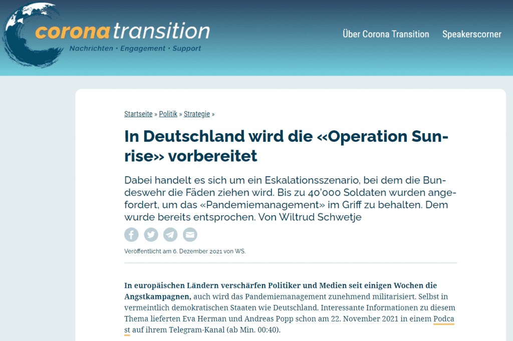In europäischen Ländern verschärfen Politiker und Medien seit einigen Wochen die Angstkampagnen, auch wird das Pandemiemanagement zunehmend militarisiert. Selbst in vermeintlich demokratischen Staaten wie Deutschland. Interessante Informationen zu diesem Thema lieferten Eva Herman und Andreas Popp schon am 22. November 2021 in einem Podcast auf ihrem Telegram-Kanal (ab Min. 00:40).
Was Herman & Popp berichten, ist nichts für Menschen mit schwachem Nervenkostüm. Von Whistleblowern, also aus internen Ministerienquellen, haben sie erfahren, dass die Bundesregierung ab Anfang 2022 ein Eskalationsszenario plant, das den Namen «Operation Sunrise» trägt. Dessen Ziel: Im Land chaotische Zustände zu provozieren, um – wie Herman & Popp es nennen – die Menschen in der Seele zu erschüttern und die Strukturen ins Wanken zu bringen.
Das Ganze hat System. Dazu gehört vor allem, dass man die Schuldigen für die Verschärfung der Corona-Massnahmen an den Pranger stellt. Derzeit drohen deshalb nicht nur Funktionäre in Sport und Industrie den Ungeimpften, auch die Propagandamedien lassen keinen Zweifel daran, dass die Impfgegner für die «dramatische» Lage verantwortlich sind. Doch im Hintergrund dieser medialen Panik-Show wirken ganz andere Kräfte. Denn in den Bundesministerien wird fleissig an der «Operation Sunrise» gewerkelt.
Diese Angstkampagne sieht die Aussetzung von Lieferketten, Blackouts von mehr als einer Woche oder andere Worst-Case-Szenarien vor. Der Wiederaufbau könnte Jahre dauern, meint Popp, der davon ausgeht, dass wir während dieser Zeit gewissermassen «auf ein vorindustrielles Lebensniveau» zurückfallen werden. Man müsse sich schon jetzt auf Eigenversorgung einstellen, empfiehlt er. Weitere Szenarien könnten Kriege und Hyperinflation sein. Herman und Popp raten trotzdem dazu, in der Ruhe zu bleiben.
In Phase 1 der «Operation Sunrise» wird die Grundversorgung für Ungeimpfte noch aufrechterhalten, weiss Popp. Also bleiben der Besuch im Supermarkt, der Apotheke etc. noch gestattet. Denn das Eskalationspotenzial, das ihre Strategie in sich birgt, sei den Entscheidungsträgern durchaus bewusst. Deshalb werde die mediale Propaganda entsprechend abgestimmt. Spätestens am 9. Dezember werden jedoch «drakonischere Massnahmen» greifen, prophezeit Popp. Eine Armada von Juristen sei bereits damit beauftragt worden, diese juristisch zu rechtfertigen.
Alles ist bestens vorbereitet: Das Bundesministerium für Inneres hat längst eine Amtsanfrage an das Verteidigungsministerium zum Einsatz der Bundeswehr gestellt. Bis zu 40’000 Soldaten wurden angefordert, dem wurde entsprochen. Offizielle Begründung: Die Polizei sei überlastet, es gebe viele Krankmeldungen in deren Dienststellen und auch in den Ordnungsämtern. Die Ausfälle seien hoch.
«Sind das womöglich Menschen, die sich fragen, ob sie das alles noch mit ihrem Gewissen vereinbaren können?», rätseln Herman & Popp.
Popp vermutet, dass die Bevölkerung durch Uniformen eingeschüchtert werden soll, um die Durchsetzung der «Operation Sunrise» zu gewährleisten. Intern sprechen die ausführenden Experten bereits von der «Abriegelung von Landkreisen», vor allem in Süddeutschland und Sachsen. «Grenzübertretungen» werden dann nur noch mit 2G möglich sein. Erwartet wird auch die Ausrufung des Katastrophenfalls für das gesamte Land. Herman & Popp sind davon überzeugt, dass Bayern wieder vorpreschen wird.
Weitere Zukunftsaussichten: Spätestens im Dezember wird ein QR-Code eingeführt, das heisst eine «GG-Nachweisprüfung» (genesen oder geimpft), zudem wird die Regierung eine Nachverfolgung über die Luca- und CoV-Pass-App beschliessen (ab Min. 00:52). Diesbezüglich gebe es noch juristische Datenschutz- und Technikhürden, diese sollen jedoch bald ausgeräumt sein. Sobald dies geschehen ist, werden die Bewegungsprofile festgehalten.
Eine gute Nachricht, jedenfalls laut Popps Interpretation: Schlussendlich scheine es in der Regierung bei der Diskussion um die «Massenspritzung» verfassungsrechtliche Bedenken zu geben. Es mache den Eindruck, als wolle man diese nicht mit Gewalt durchsetzen. Stattdessen versuche man, die «störrische ungespritzte Bevölkerung» durch eine «freie Willensentscheidung» zur Geninjektion zu treiben.
«Das ist das, was in den nächsten drei Monaten auf die Menschen zukommen wird», befürchtet Popp. Deshalb sei es so wichtig, sich dagegen zu stellen. Die Prognosen des Bundesgesundheitsministeriums würden dahin gehen, dass man durch Angstmacherei und der «Operation Sunrise» noch einmal zwei bis vier Millionen Menschen «freiwillig» zur Gentherapie bewegen könnte.
Um das zu erreichen, stelle man die Ungeimpften als Schuldige dar und betreibe eine Art Hexenjagd. Sollte diese Taktik erfolgreich sein, geht Popp davon aus, dass die angekündigte Zwangsimpfung im Februar womöglich nicht stattfinden wird. Da schwinge natürlich auch ein Stück Hoffnung mit, gibt er zu.
Generalmajor Carsten Breuer übernimmt die Leitung des «Pandemiemanagements»
In einem Podcast am 29. November vertieften Herman & Popp das Thema «Operation Sunrise». Auch der Mainstream berichtete über diese Entwicklung: Der neue Krisenstab, den die Ampelkoalition im Kanzleramt installieren wird, steht unter der Führung des Bundeswehrgenerals Carsten Breuer. Dieser steuert nun das «Pandemiemanagement».
Die wirklich wichtigen Informationen wurden allerdings nur von Herman & Popp geliefert: Carsten Breuer, Generalmajor des Heeres der Bundeswehr, ist obendrein schon seit dem 10. Oktober 2018 oberster Chef des «Kommandos für territoriale Aufgaben der Bundeswehr» in Berlin. Eine seltsame Fügung.
Auf jeden Fall wird die Bundeswehr über ihn eine umfassende Entscheidungsgewalt mit allen Notfallkompetenzen erhalten. Im Rahmen der «Operation Sunrise» wird Breuer Zugriff auf die gesamte Bundeswehr haben und ist weisungsbefugt bis in die Ministerien. Seinen Quellen hätte man gerade vor 50 Minuten mitgeteilt, dass ein «zentrales Entscheidungsgremium, das über allen Ministerien und Bereichen steht, kurzfristig in die ‹Rescue-Logistik-Organisation› implementiert wird», lässt Popp wissen.
Diese Whistleblower gehen auch davon aus, dass in Hochinzidenzgebieten in den Landkreisen «unmittelbare» Einschränkungen bevorstehen. Zudem wurden die «Durchsetzung von Massnahmen jeglicher Art» und die «Einbindung der gesamten Bundeswehrstrukturen für die Zukunft» angekündigt. Das betrifft nicht nur den Gesundheitsbereich, sondern auch die Logistik und die Aufrechterhaltung der öffentlichen Ordnung.
Was bedeutet das? Man muss damit rechnen, dass das Militär eingreifen wird, falls es zu Lieferkettenzusammenbrüchen kommt. In der «Operation Sunrise» sei auch schon durchgeklungen, dass dann vor jedem Supermarkt uniformierte und bewaffnete Soldaten stehen werden, berichtet Popp. Die Meldungsstruktur gehe direkt an die Regierung und das Kanzleramt. «Das ist wirklich eine ernste Entwicklung», urteilt er.
«Wir wollen keine Angst machen, im Gegenteil», betont Popp. Aber um die Angst im Zaum halten zu können, sei es gut, sich innerlich und geistig vorzubereiten. Man müsse wissen, dass all das zum Spiel der «Operation Sunrise» gehöre.
Soll die Bundeswehr die Regierung vor dem Volk schützen?
Am 3. Dezember legten Herman & Popp in Sachen «Operation Sunrise» in einem weiteren Podcast nach. Denn am 2. Dezember wurde die «juristische Prüfung der Amtshilfe durch die Bundeswehr» vom Bundesverfassungsgericht abgeschlossen und final freigegeben (ab Min. 00:50). Dies bedeutet, dass die Bundeswehr nun offiziell «umfassend im Inneren» eingesetzt werden kann. «Wohl um die Regierung vor dem Volk zu schützen», mutmasst Popp.
Man müsse von einem «dauerhaften Einsatz der Streitkräfte im Inneren» ausgehen, orakelt er. Zwar ist dieser offiziell befristet auf die «pandemische Lage», aber intern wurden schon «drei Jahre genehmigt». Auslandseinsätze werden dafür zurückgefahren beziehungsweise nicht mehr in Angriff genommen. Mehr als 50 Prozent der Bundeswehr sollen so schnell wie möglich für die «Pandemiebekämfung» abgestellt und mit entsprechenden Kompetenzen analog zu denen der Polizei ausgestattet werden.
Die Fäden laufen im Generalstab zusammen. Die Aufgaben der Bundeswehr sind: Die Unterstützung der «Operation Sunrise», dies bedeutet, die Umsetzung der Massnahmen aus den aktuellen Beschlüssen. Dazu gehören die Einhaltung von Isolationsanordnungen, Kontaktnachverfolgung, Durchsetzung von 2G beispielsweise in Einzelhandelsgeschäften sowie der Einsatz bei Lockdowns und anderem. Erschreckend: Jedes Bundesland, das den Katastrophenfall ausruft, kann nun direkt auf die Bundeswehr zugreifen.
Ein Beispiel: Der dauerhafte Betrieb der bayerischen Impfzentren in Zusammenarbeit mit dem Roten Kreuz, dem THW und den privaten Betreibern, wird unter der Leitung und Kontrolle der Bundeswehr stehen. Es wird intern explizit darauf hingewiesen, dass «hohe Investitionen und Summen» bereitgestellt werden, damit der Booster-Betrieb «stabil und permanent» aufrechterhalten werden kann.
Offiziell heisst es, man wolle dadurch die Hausärzte entlasten, da eine «dauerhafte Impfung bis zu dreimal im Jahr» vorgesehen ist. Intern spricht man von 180 Millionen Impfungen im Jahr. Für diese «Booster-Spritzungen» sollen mehr als 28’000 Soldaten plus zivile Mitarbeiter abgestellt werden.
Dass all dies schon vor Auftauchen des Virus geplant wurde, zeigt sich unter anderem daran, dass die Soldaten im Rahmen dieser Aktion eine neue Dienstkleidung tragen werden. Diese ist bereits entwickelt und hat ein «bevölkerungskompatibles Design», teilt Popp mit. Die Pläne dafür wurden von der Unternehmens- und Strategieberatungsfirma McKinsey in den Jahren 2018 und 2019 ausgearbeitet.
Popp spekuliert ein wenig: Könnte es vielleicht sein, dass die immensen Beraterkosten, die Verteidigungsministerin Annegret Kramp-Karrenbauer (CDU) in ihrem Ministerium in diesem Zeitraum verursacht hat, womöglich für diese Zwecke verwendet wurden?
Besonders perfide: Für die Kinderimpfung wurden besondere Fahrzeuge und Maskottchen kreiert. In den Impfstrassen, die intern auch «Impfrotten» genannt werden, wurde eine «absolut neutrale Kleidung» angeordnet.
Danach beleuchtet Herman noch die «Zentralismusgedanken» der EU-Kommissionspräsidentin Ursula von der Leyen (CDU), die schon seit dem vergangenen Jahr die neue EU-Agentur HERA vorantreibt (wir berichteten).
Kurzum: Der Einsatz der Bundeswehr ist auf Dauer und mit hohen Kontingenten angelegt. Man darf gespannt sein, welche totalitären Zwangsmassnahmen in Deutschland und im restlichen Europa in den kommenden Monaten umgesetzt oder noch aus dem Hut gezaubert werden. Um es mit Hermans Worten zu sagen: «Rüstet euch und erschrecket.»
Nur am Rande erwähnt: Der Begriff «Operation Sunrise» hat Geschichte. Auch im Rahmen des Nationalsozialismus wurde er schon einmal verwendet.
