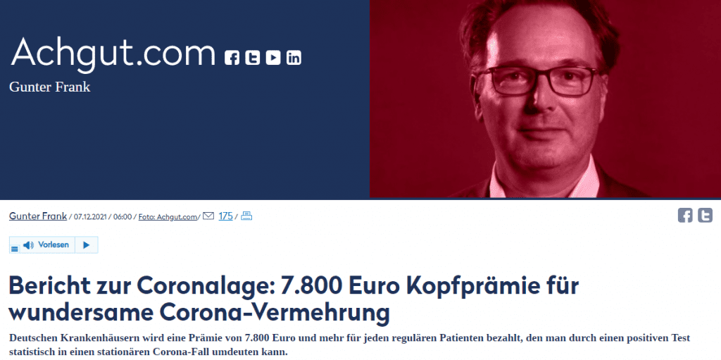 Deutschen Krankenhäusern wird eine Prämie von 7.800 Euro und mehr für jeden regulären Patienten bezahlt, den man durch einen positiven Test statistisch in einen stationären Corona-Fall umdeuten kann.
Gestern Abend teilte mir der leitende Arzt einer großen Klinik Folgendes mit: Es gibt, gültig seit 1. November, für jeden positiv Corona-getesteten und an das Gesundheitsamt gemeldeten Patienten im Krankenhaus zusätzlich zur normalen Abrechnung 7.800 Euro, wenn er mindestens 2 Nächte im Krankenhaus verbleibt, steigerungsfähig bei längerem Aufenthalt bis knapp 10.000 Euro. Covidsymptome muss der Patienten gar nicht haben, es reicht ein Test. Ein völlig grotesker Anreiz mit Folgen. Knöchel verstaucht, positiver Test: „Bleiben Sie besser zwei Tage zur Beobachtung hier.“ So füllt man die Krankenhäuser mit angeblichen Coronakranken, ganz ohne Arbeit, denn diese Patienten sind ja grundsätzlich fit, und verdient sich dabei eine goldene Krankenhausnase. Die Quote der Belegungsstatistik wird sich durch diese grob manipulierten Daten erhöhen, in einer Zeit, in der wir die Belegung der Krankenhäuser zum Hauptentscheidungskriterium für eine Pandemie-Politik machen. Das Geld kommt dabei direkt vom Bund.
Wieder mal wirft auch der aktuelle „Wöchentliche Lagebericht des RKI
zur Coronavirus-Krankheit-2019 (COVID-19)“, mit Stand 2.12.2021, einige Fragen auf. Im Folgenden möchte ich auf die Hauptpunkte eingehen. Vorher zwei Bemerkungen:
Erstens: Das RKI spricht bei positiven Corona-Testergebnissen immer noch von Fällen, obwohl es Virustrümmer-Nachweise ohne Beweis einer Infektion sind. Außerdem werden die „Fälle“ in absoluten Zahlen dargestellt und nicht im Verhältnis zur Gesamtzahl der Tests, was kaum Rückschlüsse auf die tatsächliche Infektionslage der Gesamtbevölkerung zulässt. Beides ist meiner Meinung nach grob irreführend.
Zweitens: Das Corona-Sterbegeschehen entspricht nach zutreffender Meinung von RKI-Mitarbeitern im Frühjahr 2020 einer milden und im Winter 20/21 einer schweren Grippewelle. In diesem Artikel des Ärzteblatts (eingereichte revidierte Fassung 3.2.2021) kann man, zwar versteckt auf Seite 5, aber klar und deutlich lesen:
„Verglichen mit den Vorjahren verlief die Übersterblichkeit im Frühjahr etwa auf dem Niveau der Influenzawelle 2019 und war im Herbst ähnlich wie in den Influenzawellen 2017/2018“.
Nun zum Wochenbericht in möglichst kurzen Worten:
COVID-Sterblichkeit und COVID-Intensivbelegung passen nicht zusammen. Wer liegt als COVID-Patient auf Intensiv?
Abbildung 2 zeigt, dass die Zahl der COVID-„Fälle“ auf dem Niveau des Winters 20/21 liegt.
Abbildung 8 und 9 zeigen, dass die hospitalisierten Fälle weiter vor allem die 60- bis 79- und die 80-Jährigen und darüber betreffen.
Abbildung 12 zeigt die Gesamtzahl der intensivpflichtigen SARI-Patienten (schwere Atemwegsinfektionen). Sie liegt auf dem Niveau des Frühjahrs 2020 (blaue Balken). Davon ist aber der Anteil an COVID-19-Fällen deutlich gestiegen, aktuell auf 80 Prozent (rote Linie). (Kleine Kritik an der Darstellung: Die rote Kurve übersteigt die blauen Balken, obwohl sie nur 80 Prozent davon ausmachen).
Abbildung 13 zeigt die nach dem Intensivregister der DIVI gemeldeten COVID-Intensiv-Fälle. Im Frühjahr max. 2.905, im Winter 20/21 max. 5.762, und aktuell 4.690 Patienten. Aktuell wird laut DIVI ca. die Hälfte davon invasiv beatmet.
Und jetzt die entscheidende Abbildung 15. Sie zeigt, dass das Sterbegeschehen auf einem viel niedrigeren Niveau als im Winter 20/21 liegt. Leider fehlt das Frühjahr 2020. Denn die aktuelle COVID-Sterblichkeit liegt sogar darunter. Also unter dem, was RKI-Mitarbeiter als leichte Grippewelle (2019) bezeichnet haben.
Wenn es sehr viele COVID-„Fälle“ gibt und gleichzeitig so wenige sterben, könnte man das als Beleg für den Erfolg der Impfung ansehen. Man könnte aber auch sagen, dass die Schwächsten bereits im Winter 20/21 gestorben sind. Einer schweren Grippewelle folgt meist eine mildere. Man könnte auch argumentieren, dass saisonale Atemwegsviren durch Mutation und Kreuzimmunitäten ihre Pathogenität verlieren und langsam zu einer Endemie werden.
Aber wieso liegen dann so viele alte COVID-Patienten auf Intensiv, fast so viele wie im Winter 20/21? Und davon sogar derzeit die Hälfte invasiv beatmet. Das müsste eine viel höhere Sterblichkeitsrate verursachen, die es aber nicht gibt. Damit stellt sich für mich die Frage: Wer liegt als COVID-Patient auf Intensiv und geht nicht in die deutsche COVID-Sterblichkeitsstatistik ein? Ich habe eine Vermutung, die aber noch nicht ausreichend bestätigt ist, um sie zu äußern.
Komplett irreführende Darstellung drohender Intensivüberlastungen
Auf den ersten Blick suggeriert Abbildung 14 eine erschreckende Überlastung der Intensivabteilungen, verursacht von COVID-19-Patienten. Doch dies ist grob falsch. Bekanntlich ist die Intensivbelegung seit Frühjahr 2020 auf einem fast konstanten Niveau von 20.000 Patienten. Der maximale Anteil an COVID-Fällen betrug dabei im Winter 20/21 ca. 30 Prozent. Im Jahresschnitt aller Kliniken betrug er knapp 4 Prozent Bericht zur Coronalage vom 20.09.2021: Zwei-Prozent. Die Skandal-Zahl.
Dass die Belegung von Intensivstationen immer auf einem möglichst hohen Niveau gehalten wird, ist auch abrechnungstechnisch zu verstehen. Wenn wenig los ist, werden auch Fälle dorthin verlegt, bei denen es nicht wirklich notwendig ist. Diese können bei Aufnahme vieler schwerer Fälle wieder auf Normalstation zurückverlegt werden. Business as usual. Abgenommen haben aber im Verlauf der Corona-Krise dennoch die freien Betten, bekanntlich über 5.000.
Die DIVI windet sich heraus, dieser Bettenabbau sei die Folge von Umstrukturierung wegen aufwändiger Quarantäneanforderungen. Doch der größte Rückgang der zur Verfügung stehenden Intensiv-Betten steht im zeitlichen Zusammenhang mit den Änderungen der Abrechnungsmodalitäten. Da ab November 2020 nur Intensivabteilungen hohe COVID-Zulagen bekamen, die eine 75-prozentige Auslastung gemeldet haben, wurden freie Betten einfach nicht gemeldet, wenn es notwendig war, die 75 Prozent darzustellen. Dies ist ein sehr logischer Schluss. Selbst der Bundesrechnungshof spricht hier höflich von „unerwünschten Mitnahmeeffekten“. Intensivbetten-Recherche: Der Fall Schrappe – WELT (WELT plus, 29.6.2021)
Außerdem macht sich der jahrelang sträflich vernachlässigte Pflegekraftmangel schmerzlich bemerkbar, da nun viele Intensivbetten aus diesem Grund nicht betrieben werden können. Das Testchaos treibt diese Entwicklung weiter an. In dieser Situation eine unheilige Impfpflicht insbesondere für Mitarbeiter im Pflegedienst anzukündigen, kann man nur als verrückt bezeichnen. Ich habe genügend Pflegekräfte gesprochen, die von erheblichen Nebenwirkungen – sogar Todesfällen – von Mitarbeitern nach Impfung berichten, denen nicht offiziell nachgegangen wurde. Viele der bis jetzt ungeimpften Pflegekräfte haben Angst vor dieser Impfung und werden dann den Dienst quittieren (ähnliches ist in Frankreich bereits passiert).
Die Abbildung 14 zeigt diesen Abbau der freien Betten, suggeriert aber, dies sei eine Folge der extrem steil ansteigenden roten Kurve der COVID-Fälle. Damit kann man anscheinend Ministerpräsidenten in Panik versetzen, aber niemanden, der eins und eins zusammenzählen kann. Nicht COVID-19 führt zu lokal und zeitlich begrenzten Überlastungen von Intensivabteilungen (die jedoch stets durch Verlegung aufgefangen werden können). Vielmehr führt ein sich verschärfender Pflegekraftmangel in einer immer älter werdenden Gesellschaft Pflegeeinheiten immer häufiger über ihre Belastungsgrenzen. Dies bedeutet nichts anderes als ein tiefgehendes Versäumnis der Gesundheitspolitik und der Krankenhausführungen, für das nun die gesamte Gesellschaft durch Freiheitsentzug und unseligen Impfzwang in Haftung genommen wird. Und das Bundesverfassungsgericht findet das richtig (wer zweifelt daran, dass es auch den Impfzwang abnickt?)
Pandemie der Ungeimpften? Eher Pandemie der Unwissenheit – oder der Lügen?
Auf Seite 21 des RKI-Wochenberichtes steht:
„Für die Berechnung der jeweiligen Inzidenzen wurden die vollständig geimpften und ungeimpften Fälle zur vollständig geimpften und zur ungeimpften Bevölkerung ins Verhältnis gesetzt. Für den in Abbildung 17 dargestellten Zeitraum lagen für 706.863 der 836.135 (85%) übermittelten symptomatischen COVID-19-Fälle bzw. für 41.745 der 60.387 (69%) übermittelten hospitalisierten COVID-19-Fälle ausreichende Angaben zum Impfstatus vor.“
Sprich: Bei Krankenhauspatienten ist bei einem Drittel der Impfstatus unklar.
Tabelle 3 auf Seite 23 gibt Aufschluss über die sogenannten Impfdurchbrüche. Also Erkrankung trotz, wegen, wer weiß das schon, Impfung. Allerdings ohne Bezug zur Gesamtimpfquote der jeweiligen Altersgruppen (Abbildung 16).
Man sieht den Anteil der „Impfdurchbrüche“ insgesamt bei den 18- bis 59-Jährigen bei 50 Prozent (Impfquote ca. 75 Prozent) und bei den 60+-Jährigen bei 71,3 Prozent (Impfquote 85 Prozent). Allein bezogen auf Hospitalisierte liegt der Anteil bei „Impfdurchbrüchen“ entsprechend bei 29 bzw. bei 54,5 Prozent. Bei Intensivpatienten liegt er bei 15,7 bzw. 44,5 Prozent. Bei den Verstorbenen 18,2 bzw. 48 Prozent.
Rechnet man die Impfquoten dazu, sind nach diesen Berechnungen mehr COVID-Ungeimpfte im Krankenhaus, wenngleich die Unterschiede viel kleiner sind, als es die Brachialrhetorik der „Pandemie der Ungeimpften“ glauben machen will. Ganz abgesehen davon, dass mit der Impfung etwas ganz anderes versprochen wurde….
Doch wie funktioniert eigentlich die Ermittlung des Impfstatus. Gibt es Standards? Und wie gehen die Behörden damit um? Markus Söder äußerte sich beispielsweise via Twitter am 18.11. „Leider nehmen die Corona-Infektionen gerade bei Ungeimpften dramatisch zu. Es gibt einen direkten Zusammenhang von niedrigen Impfquoten und hohen Infektionsraten. Lassen Sie sich daher bitte impfen. Nur Impfen hilft.“ Laut einer von ihm geposteten Grafik lag die Sieben-Tage-Inzidenz bei Ungeimpften bei 1.469 und bei Geimpften bei nur 110. Doch dem zuständigen Bayerischen Landesamt für Gesundheit ist der Impfstatus bei den allermeisten Fällen gar nicht bekannt. In der Woche vor dem 24.11. wurden dort beispielsweise 81.782 „Fälle“ gemeldet. Vollständig geimpft 9.641, ungeimpft 14.652. Unbekannt 57.489. Das sind ca. 70 Prozent. Die Behörde zählte diese Zahl der Unbekannten einfach zu den Ungeimpften, und auf dieses Verhältnis bezog sich der bayerische Ministerpräsident. Wie soll man das nennen? Täuschung? Inkompetenz? Lüge? Sie tun es bis heute. Gleiche Praktiken findet man auch beim Hamburger Senat. Ich konnte nicht erkennen, wie das RKI in seinem Wochenbericht bezüglich derjenigen ohne bekannten Impfstatus vorging.
All diese skandalösen Vorgänge werden in einem Bericht in der WELT „Pandemie der Unwissenheit“, entlarvt, erschienen am 3.12. Meines Wissens gibt es keinerlei Standards, mit dem der Impfstatus erfasst wird. Es gibt keine verbindliche Dokumentation. Erst recht nicht in Kombination mit Patienten, die an Krankheiten erkranken, die im breiten Nebenwirkungsspektrum der neuartigen COVID-Impfstoffe liegen. Also bei einer Impfung, die immer noch lediglich bedingt zugelassen ist.
Man muss es sich einmal klarmachen: Die Krankenhäuser haben als COVID-Ausgleichszahlungen 15 Milliarden Euro erhalten. Für den Aufbau von Intensivkapazitäten 600 Millionen. Das Ergebnis ist Intensivbetten-Abbau und eine Vertretung der Intensivmedizin, die es im Rahmen der DIVI-Tagesberichte immer noch nicht geschafft hat, Alter, Geschlecht und Impfstatus der Intensivpatienten zu übermitteln. Sie bekommen es einfach nicht hin. Vielleicht sind die DIVI-Funktionäre zu sehr damit beschäftigt, in den Talkshows Panik zu verbreiten. Inzwischen musste die DIVI sogar von der Politik dazu beauftragt werden, wie die Welt schreibt:
„Am 13. November wurde die sogenannte „DIVI Intensiv-Register-Verordnung“ aktualisiert. Der Verband DIVI wird darin aufgefordert, künftig neben der Anzahl der Patienten unter anderem auch die Alterskohorten sowie den Impfstatus mitzuteilen, und zwar tagesaktuell. … Aber: Nichts ist passiert. Auf Anfrage erklärte die DIVI, es würde noch „ein paar wenige Wochen“ dauern. Und das RKI, das für die technische Umsetzung verantwortlich ist, erklärte: „Eine konkrete Frist zur Umsetzung der neuen Anforderungen (...) ist uns nicht bekannt.“ Der Prozess der Implementierung brauche „einige Zeit“. Einen genauen Zeitpunkt könne man nicht nennen.“
Angesichts der aktuellen Hetze gegen Ungeimpfte, zu der sich immer mehr Spitzenpersonal in diesem Land hinreißen lässt, fehlen mir die Worte für diesen Abgrund an Versagen. Die Fallhöhe wird immer größer.
Ein Nachtrag, 10.00 Uhr am 7.12.2021: Aus berufenem Mund erhielt ich eine Präzisierung des anfangs geschilderten Sachverhaltes: Die Regelung bzgl. der Corona-Sonderzahlung steht im neuen Infektionsschutzgesetz auf S. 11 im neuen § 21a KHG (unter Artikel 20e). Die Zahlungen werden nach einem Schlüssel ermittelt – z.B. aus Verweildauer, (ehem.) Leerstandspauschale –, der in jedem Krankenhaus anders ausfallen kann.
Diese Regelung gilt vom 1.11.21 bis zum 19.3.22 für jeden Corona-Patienten zusätzlich. Sie muss beantragt werden und ist wahrscheinlich ausgleichspflichtig. Es ist somit besonders lohnend für Häuser mit wenigen Fällen, Patienten, die keine Arbeit machen und normalerweise ambulant versorgt werden könnten, bei positivem Labortest ein paar Tage als COVID-Patienten stationär aufzunehmen.
Nachtrag 16 Uhr am 7.12.2021. Folgende Mail, die ich den Lesern nicht vorentalten will, erreichte mich heute:
Sehr geehrte Damen und Herren,
Ich arbeite als Berufsbetreuer und habe daher mit Heimen und Kliniken zu tun.Ich wundere mich seit Beginn der Pandemie darüber, dass eine Vervielfachung der COVID-Patienten auf Intensivstationen im IDVI-Register nicht sichtbar sind. Diese werden als eigene Graphik ausgewiesen, man sieht diese Wellen aber nicht in der Gesamtbelegung. Dazu folgende Geschichten aus meiner Berufspraxis.
1. Eine ältere Dame litt unter COPD, d.h. die Fähigkeit der Lunge Sauerstoff aufzunehmen wird immer schlechter. Es gibt keine Heilung, man kann den Prozess nur verzögern. Am Ende steht der Tod durch Ersticken. Nach einem akuten Schub wurde die Clientin in eine Klinik gebracht, nach einem tag aber wieder entlassen. Das Telefonat mit dem Arzt verlief wie folgt: Arzt: Wir können ihr nicht mehr helfen. Wir haben sie zurück ins Heim entlassen, dort wird sie sterben. Sie ist doch noch negativ, oder? (Gemeint ist COVID). Ich: Ja. Arzt: Das ist gut. Wäre sie positiv, hätten wir sie wieder holen müssen. Das wäre nur eine Sterbeverlängeung gewesen, ist aber jetzt Vorschrift. Zusammengefasst: Es ist Usus lebensverlängende Maßnahmen zu machen aber keine sterbeverlängernden. Außer bei positivem COVID-test, selbst wenn die zum Tode führende Erkrankung eine COPD ist.
2. Bei anderen Erkältungskrankheiten müssen die Heime solange warten, bis ein schwerer Verlauf eintritt, bevor eine Einweisung ins Krankenhaus erfolgt. Macht Sinn, jemand mit Schnupfen und leichtem Husten gehört nicht ins Krankenhaus. Außer bei COVID. Hier müssen die Heime jeden mit noch so milden Symptomen ins Krankenhaus bringen.
3. Zwei ältere Damen kommen mit COVID und leichten Symptomen in eine große Universitätsklinik, auf Normalstation. Logisch, sie sind ja nicht schwer krank. Zwei Tage später kommen beide auf Intensiv. Vorsorglich! Die Syptome sind immer noch leicht. Offenbar kann man das abrechnen ohne große Begründung.
Und jetzt der Bogen zum DIVI: Wenn ich Patienten die keine Intensivversorgung brauchen auf Intensivstation legen kann, dann kann ich die gleichen Patieten auch jederzeit zurückverlegen wenn ich den Platz für echte Intensivfälle brauche. Solange ich Patienten die positiv auf COVID getestet sind in der Klinik habe, kann ich die Intensivstation gleichmäßig auslasten.
mit freundlichen Grüßen