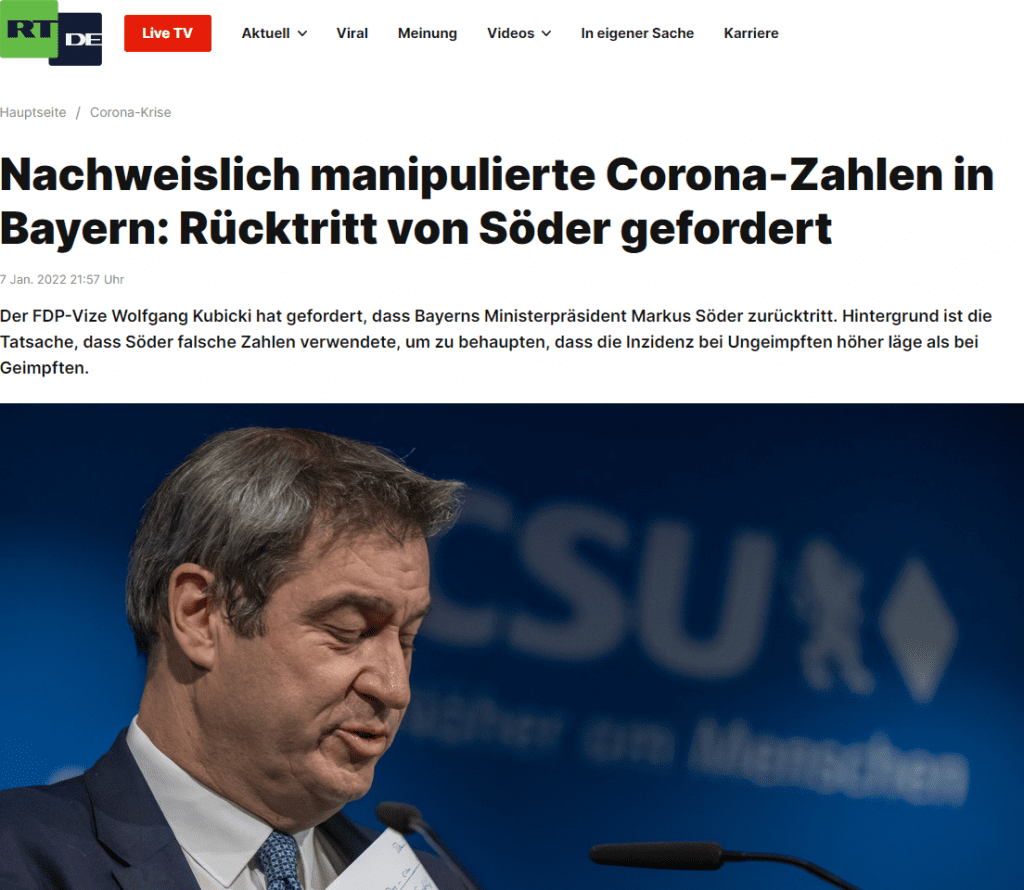 Am Freitagvormittag veröffentlichte das Bayrische Landesamt für Gesundheit und Lebensmittelsicherheit (LGL) die Rohdaten der Corona-Zahlen: Aus diesen geht hervor, dass sie Siebentage-Inzidenz von Geimpften und Ungeimpften deutlich verzerrt dargestellt wurde. Söder hatte die falschen Zahlen am 18. November in einem Tweet veröffentlicht: Demnach lag die Inzidenz bei Ungeimpften bei 1.469, während sie bei Geimpften bei 110 lag. Söder erklärte dazu:

"Leider nehmen die Corona-Infektionen gerade bei Ungeimpften dramatisch zu. Es gibt einen direkten Zusammenhang von niedrigen Impfquoten und hohen Infektionsraten."

Später wurde jedoch bekannt, dass bei der Erhebung der Zahlen der Impfstatus in rund 70 Prozent der Fälle gar nicht bekannt war. Wie sich durch Recherchen des Welt-Journalisten Tim Roehn ergaben, wurde diese Gruppe jedoch den Ungeimpften zugeordnet. Wie aus den aktuellen Zahlen des LGL hervorgeht, liegt die Inzidenz bei Ungeimpften nach Berücksichtigung der Fälle, in denen der Impfstatus nachgemeldet wurde, nur bei rund 334.

Damit ist die Differenz der Inzidenzen zwischen Ungeimpften und Geimpften deutlich geringer als von Söder behauptet. Bei diesen Zahlen sind aber noch nicht die unterschiedlichen Testregime bei Ungeimpften und Geimpften berücksichtigt, die die Differenz noch weiter verkleinern könnte. Kubicki erklärte der Welt nun diesbezüglich:

"Entweder Markus Söder wollte ein schiefes Bild über die von Ungeimpften ausgehende Infektionsgefahr zeichnen und eine Gruppe von Menschen damit amtlich stigmatisieren – oder er hat seinen Laden nicht im Griff. Sowohl das Eine wie auch das Andere sind ausreichende Gründe für einen Rücktritt."

Söder habe die Öffentlichkeit also bewusst getäuscht, daher solle er Anstand beweisen und die notwendigen personellen Konsequenzen ziehen, um das Amt des Ministerpräsidenten vor weiterem Schaden zu bewahren. Es spiele für die Bewertung des Sachverhaltes keine Rolle, ob er dies bewusst oder unbewusst getan hat, so Kubicki.

Markus Söder hat sich trotz mehrerer Nachfragen von Journalisten bisher noch nicht zu den Vorwürfen geäußert. Auf Twitter postete er am Freitagnachmittag lediglich ein Bild, dass ihn grinsend bei der Ministerpräsidentenkonferenz zeigte.

