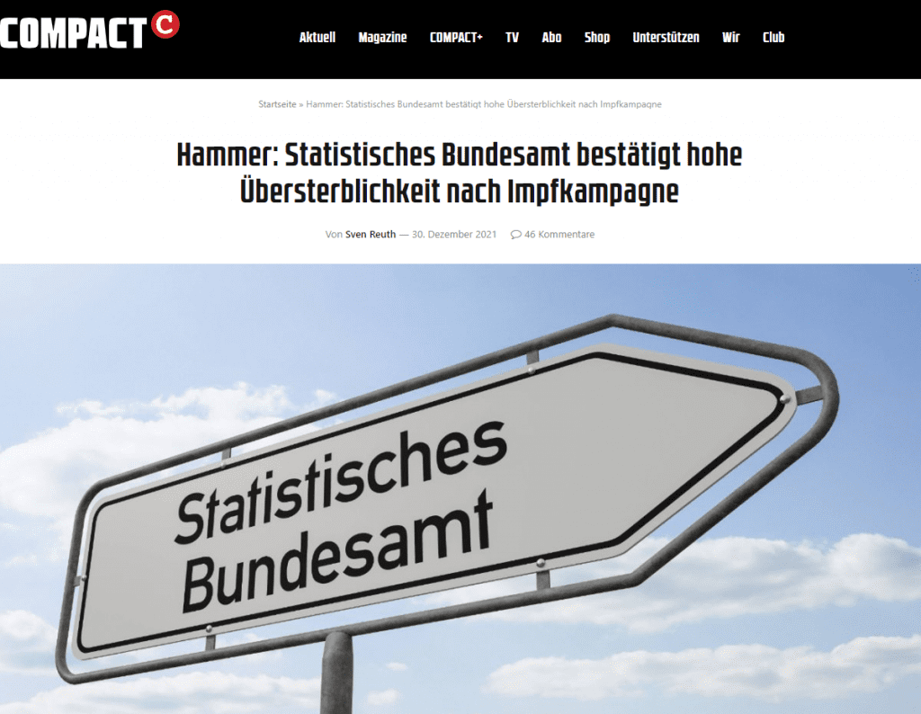 30.000 Tote mehr als erwartet
Die Größenordnungen, um die es geht, sind beträchtlich: Im September und Oktober gab es rund 7.000 Todesfälle mehr als im Durchschnitt der vorangegangenen vier Jahre, im November stieg diese Zahl laut Statistischem Bundesamt dann sogar auf über 15.000 Tote (!) an. Die 10.000 Coronatoten, die in den drei Herbstmonaten gemeldet wurden, machen nur etwa ein Drittel dieser Übersterblichkeit aus.
Zur Erklärung der Übersterblichkeit wird in der Welt Felix zur Nieden, Fachmann für Sterbefalldaten beim Statistischen Bundesamt, zitiert. Er äußert:
Es könnten unerkannte Corona-Fälle sein oder aber die ersten Folgen von aufgeschobenen Operationen oder Vorsorgeuntersuchungen.
Obsessive Corona-Fixierung gescheitert
Schon wenn letzteres zutreffen sollte, wäre endgültig klar, dass die deutsche Politik mit ihrer obsessiven Fixierung auf das Corona-Thema schon längst kontraproduktiv geworden ist und mehr Menschenleben fordert als rettet. An das absolute gesellschaftliche Tabuthema der Todesfälle durch Impfung zur Erklärung der neuesten Zahlen des Bundesamtes wagt sich zur Nieden erwartungsgemäß erst gar nicht heran.
Dieses heiße Eisen packt aber die Januarausgabe von COMPACT an, wo ausführlich aus der von der thüringischen Landtagsabgeordneten Dr. Ute Bergner beauftragten Studie zum Thema Impfquote und Übersterblichkeit zitiert wird. Hier heißt es unter anderem:
„Eine Übersterblichkeit ist in allen 16 Ländern festzustellen. Die Anzahl der vom RKI berichteten Covid-Sterbefälle in dem betrachteten Zeitraum stellt durchweg nur einen relativ kleinen Teil der Übersterblichkeit dar und kann vor allem den kritischen Sachverhalt nicht erklären: Je höher die Impfquote, desto höher die Übersterblichkeit.“
„Impfung erhöht Sterbewahrscheinlichkeit“
Zur Erklärung der Übersterblichkeit wird in der Bergner-Studie festgestellt:
„Die direkteste Erklärung ist: Vollständige Impfung erhöht die Sterbewahrscheinlichkeit. Natürlich sind indirektere Erklärungen möglich: Je höher der Anteil der Alten , desto höher die Impfquote und die Übersterblichkeit. (…) Höhere Impfquoten werden durch erhöhten Stress und Angst in dem betreffenden Land erzielt und Letztere führen zu erhöhten Anzahlen bei den Sterbefällen.“
Auch die neuesten Zahlen des Statistischen Bundesamtes zur Übersterblichkeit in Deutschland machen deutlich, dass sich ein Elefant im Raum befindet, der von Medien und Politik nicht mehr wegdiskutiert werden kann. Vollkommen unverantwortlich ist es freilich, angesichts der völlig unklaren gesundheitlichen Folgen der Impfung nun auch noch eine Impfpflicht einzuführen.