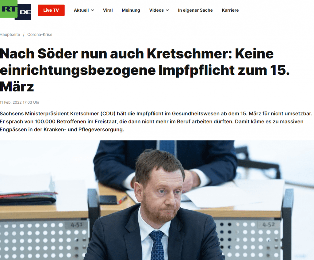 Kretschmer bezeichnete es als "ein Gebot der Redlichkeit", wenn man realisiere, dass ein Gesetz nicht funktioniere, dann müsse man sich "überlegen, wie man es anders machen kann." Weiterhin meinte er mit angedeutetem Fingerzeig auf die Ampel-Koalition in Berlin und die Basta-Politik von Gesundheitsminister Karl Lauterbach (SPD):

"Die Art und Weise: 'Es ist ein Gesetz. Das gilt jetzt. Ende der Diskussion' – ist kein guter Stil des Umgangs miteinander."

Kretschmer fordert daher: "Die Bedenken aus dem Pflegebereich und den Gesundheitsämtern müssen ernst genommen werden." Zugleich sprach er sich für eine Verschiebung dieser "sektoralen Impfplicht" um "einige Monate" aus. Die Vernunft gebiete das schließlich.