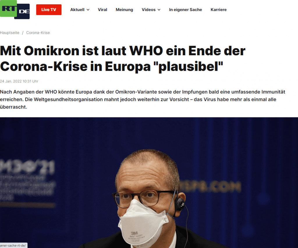 Laut Kluge befinde man sich jedoch noch nicht in einer "endemischen Ära":

"Endemisch bedeutet [...], dass man vorhersagen kann, was passieren wird. Dieses Virus hat mehr als einmal überrascht. Wir müssen also sehr vorsichtig sein."

In der Region, für die er verantwortlich ist und die 53 Länder sowohl ganz Europas umfasst, von denen einige aber auch in Zentralasien liegen, machte die Omikron-Variante des Coronavirus am 18. Januar 15 Prozent der neuen COVID-19-Fälle aus, gegenüber 6,3 Prozent in der Vorwoche, wie aus den Daten der WHO hervorgeht.

Diese Ende November aufgetretene Omikron-Variante, die ansteckender, aber weniger gefährlich als die Delta-Variante ist, sei in der Europäischen Union und dem Europäischen Wirtschaftsraum (EWR) laut der Europäischen Gesundheitsagentur inzwischen vorherrschend. Angesichts der explosionsartigen Zunahme der Ansteckungen gehe es nun darum, "Störungen zu minimieren und gefährdete Personen zu schützen", und nicht mehr nur darum, die Übertragung zu verringern.